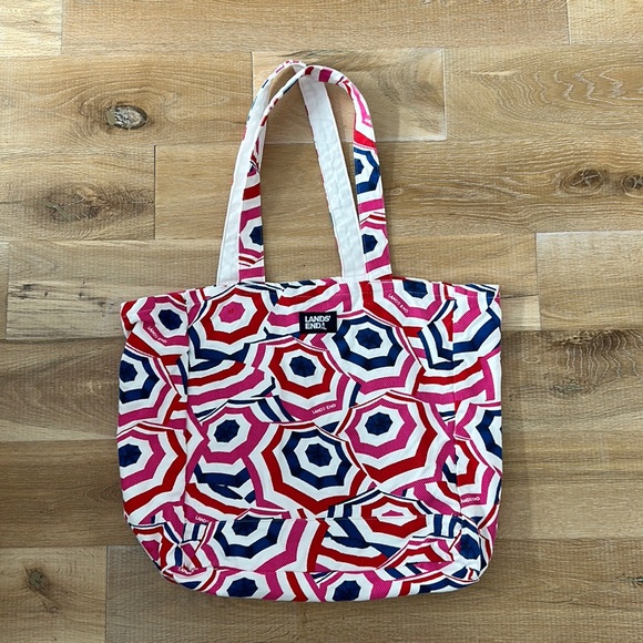 Lands' End Handbags - Lands’ End Pink Red White Blue Umbrella Print Large Packable Beach Tote Pool Bag